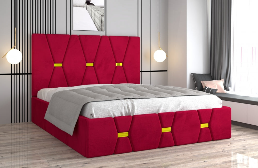 Pat tapitat cu saltea inclusă roșu intens, design modern, în dormitor luminos și elegant