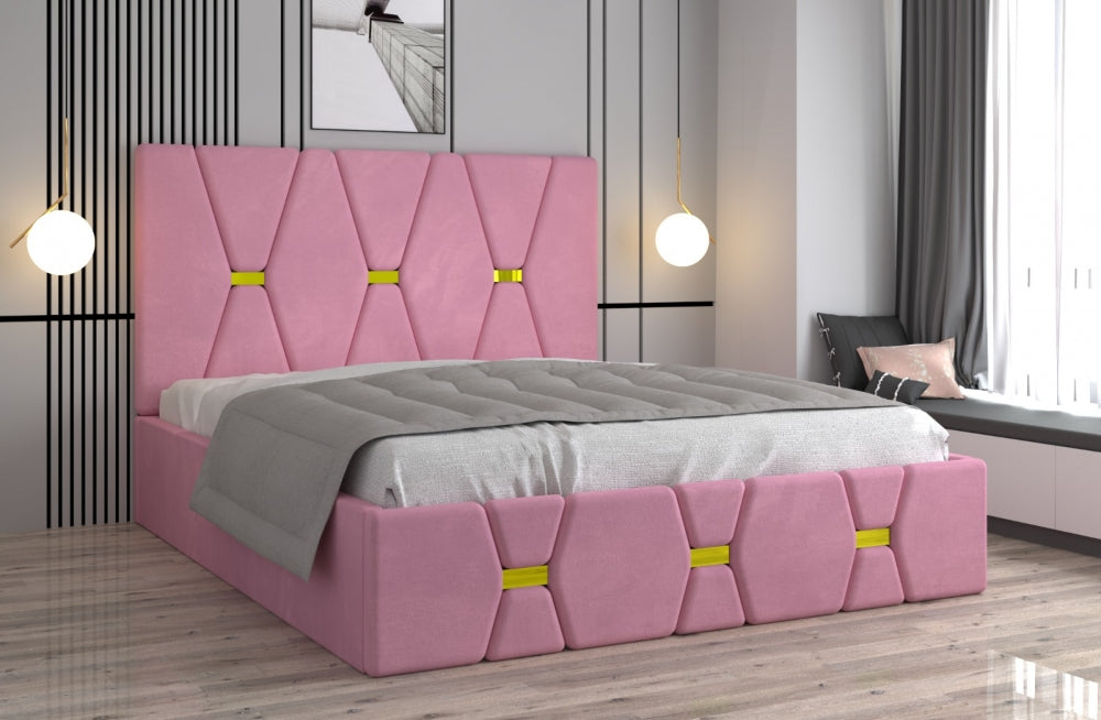 Pat tapitat cu saltea inclusă de la Mobila Domardo, model roz elegant pentru dormitor modern
