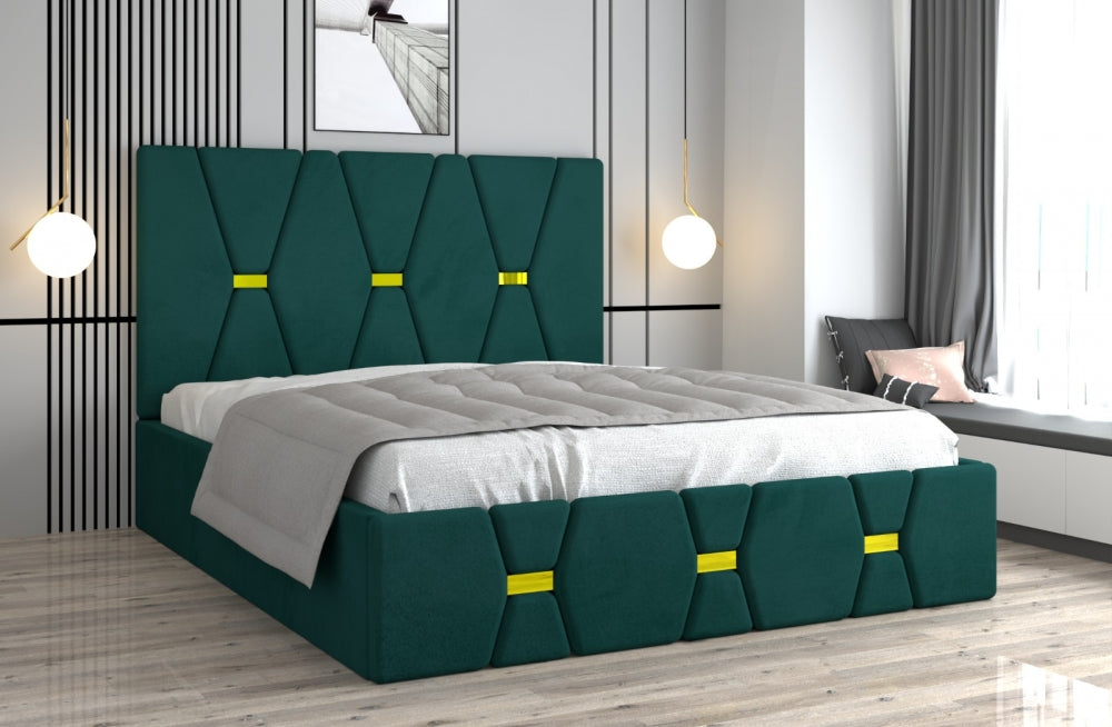 Pat tapitat cu saltea inclusă Mobila Domardo în culoare verde cu design modern și spațiu luminos