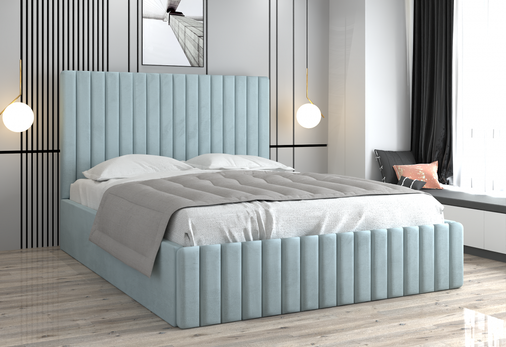 Pat dublu tapitat albastru deschis cu design modern oferit de Mobila Domardo paturi de dormit cu livrare gratuită