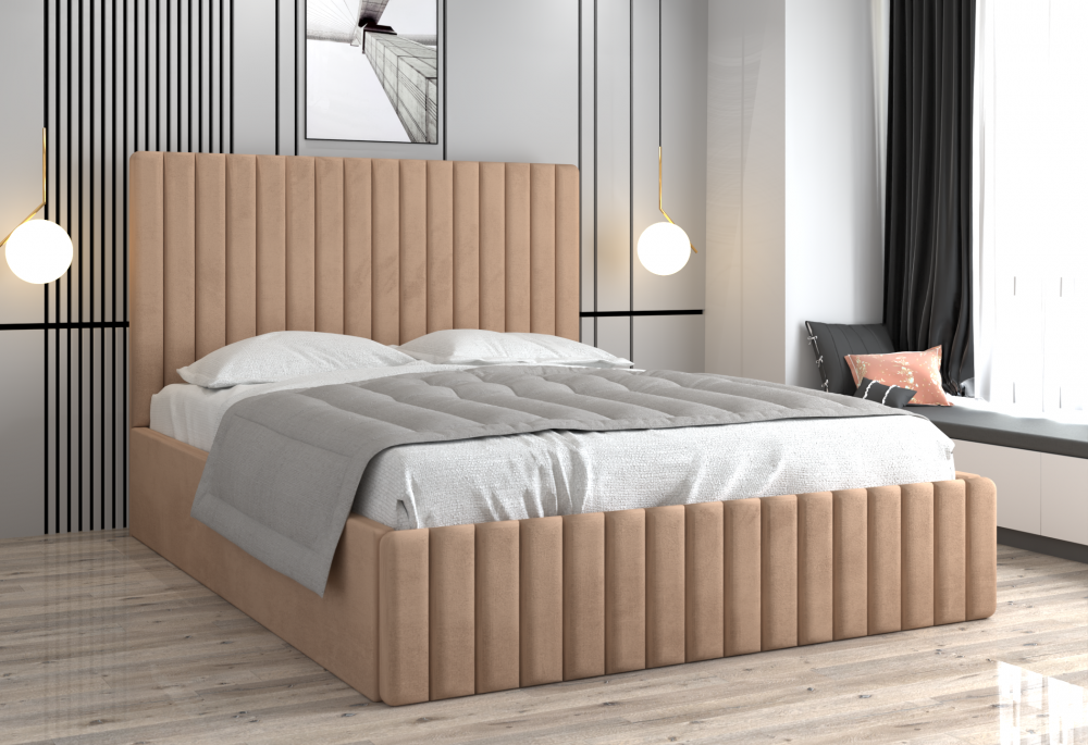 Pat dublu modern cu tapițerie bej în dormitor elegant oferit de Mobila Domardo paturi de dormit cu livrare gratuită