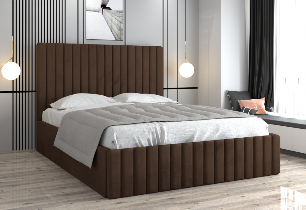 Pat de dormit maro cu design modern și tapițerie luxoasă din partea Mobila Domardo paturi de dormit cu livrare gratuită