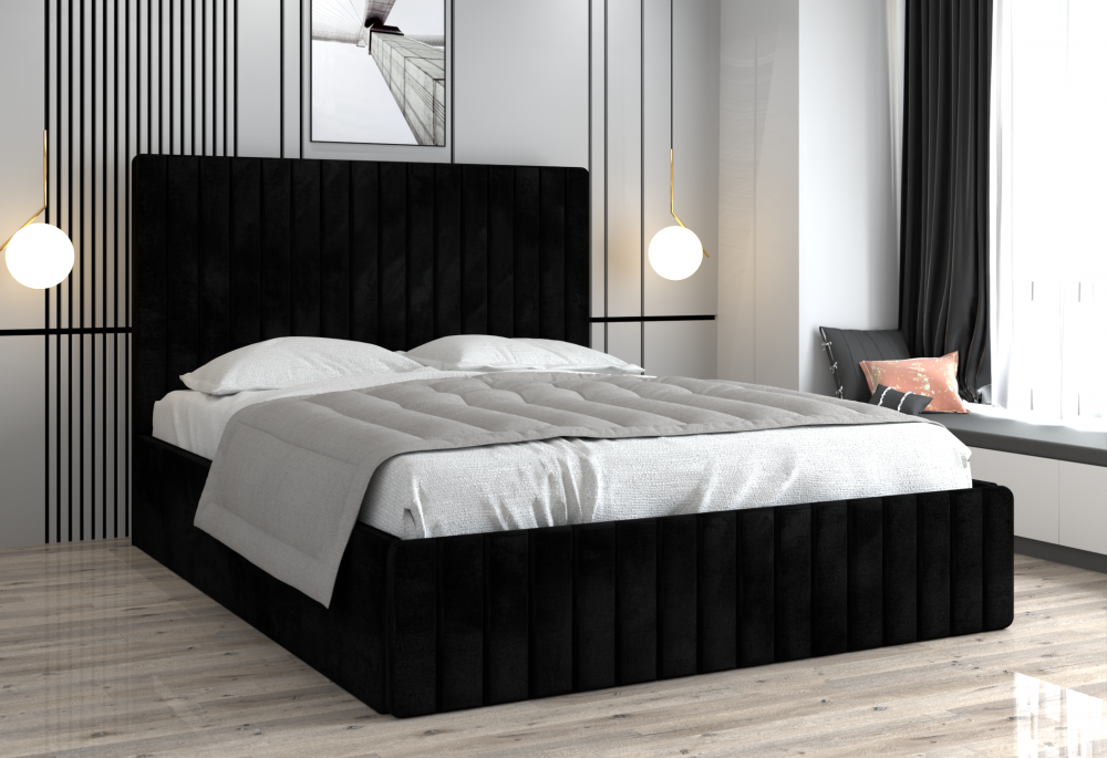 Pat negru elegant tapițat în dormitor modern livrat de Mobila Domardo paturi de dormit cu livrare gratuită
