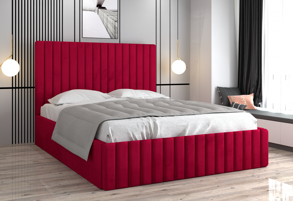 Pat tapitat rosu cu design modern si tablie inalta, confortabil pentru dormit, paturi de dormit cu livrare gratuita