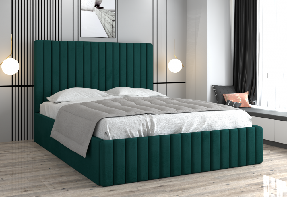 Pat de dormit elegant verde smarald cu tapițerie verticală în cameră modernă paturi de dormit cu livrare gratuită