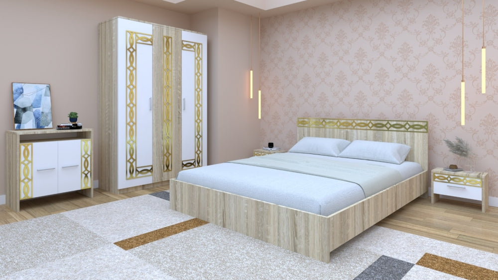 Set dormitor alb cu dulap, pat dublu și noptiere cu detalii aurii și design elegant Mobila Domardo