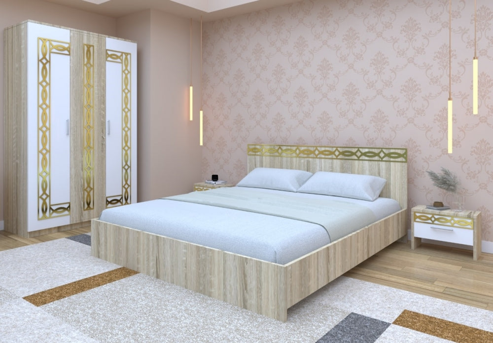 Set dormitor alb cu dulap, pat dublu și noptiere elegante în decor modern Mobila Domardo