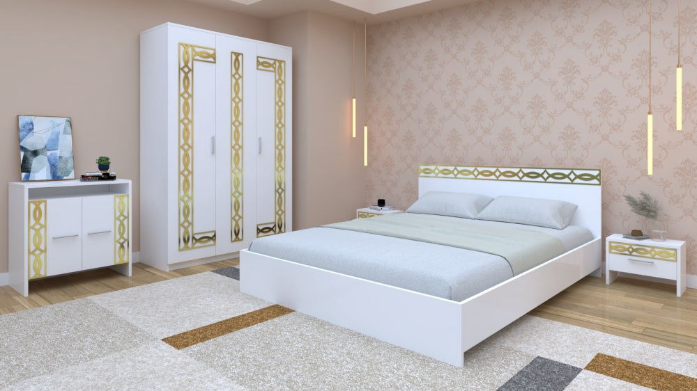 Set dormitor alb cu dulap Mobila Domardo include pat, noptiere, dulap si comoda cu detalii aurii elegante
