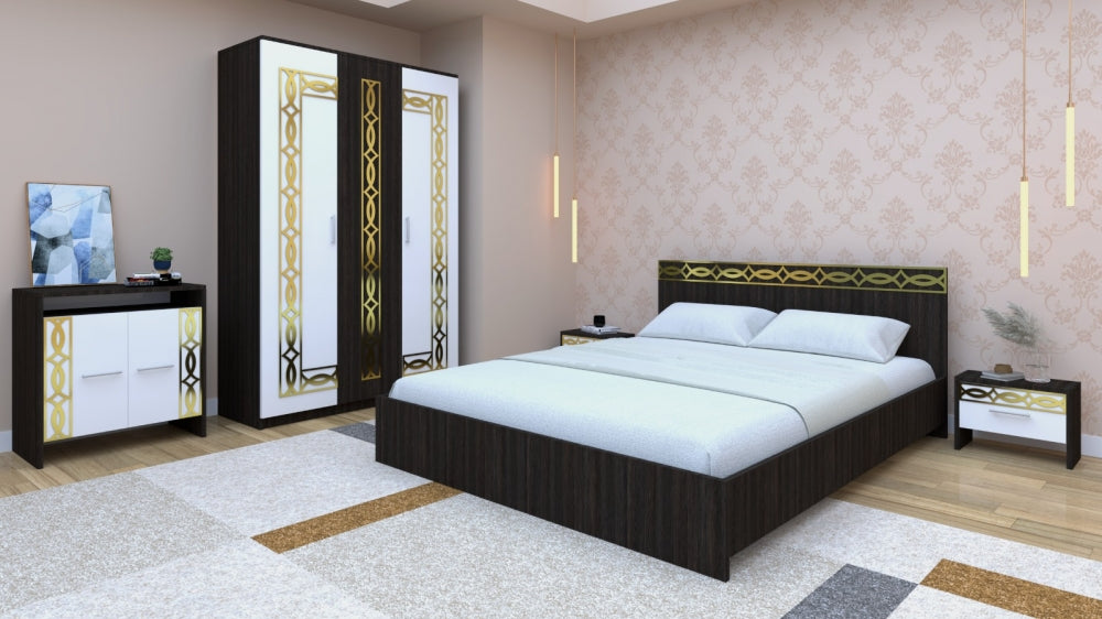 Set dormitor alb cu dulap Mobila Domardo design modern cu pat, noptiere si comoda cu detalii aurii