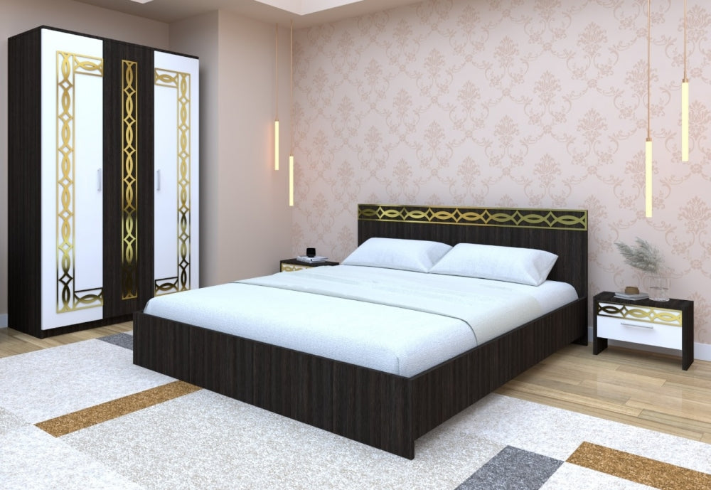 Set dormitor alb cu dulap de la Mobila Domardo, pat dublu și noptiere cu design elegant negru și auriu