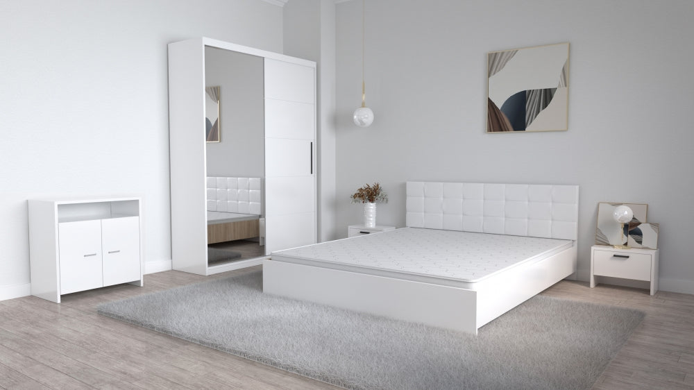 Set dormitor cu oglinda Mobila Domardo, mobilier alb modern cu pat, dulap cu oglindă și noptiere