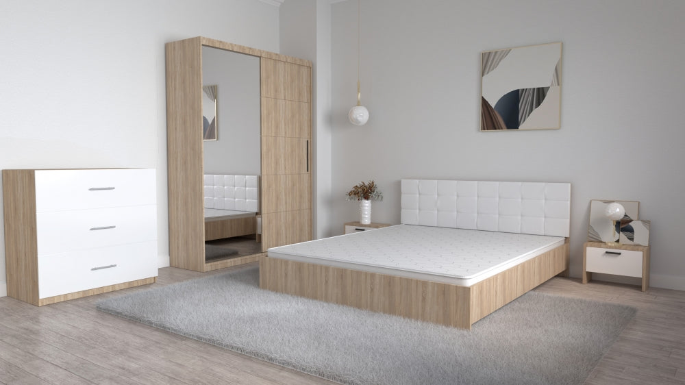 Set dormitor cu oglinda Mobila Domardo include pat, dulap cu oglinda, comoda si noptiere moderne