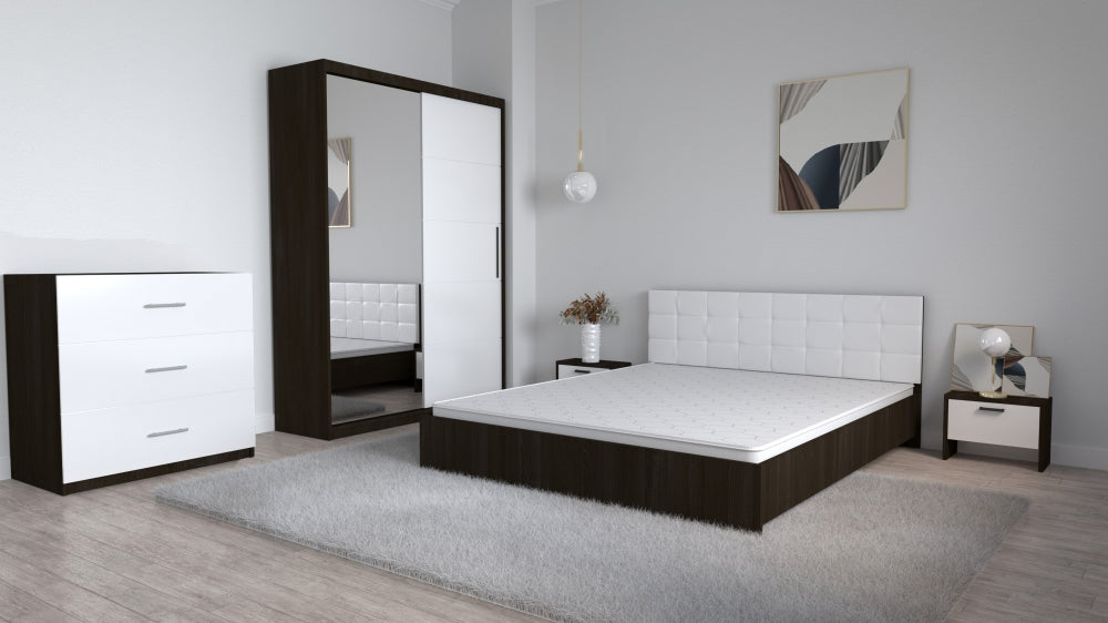 Set dormitor cu oglinda Mobila Domardo format din pat modern, dulap cu oglinda si comoda alba cu sertare