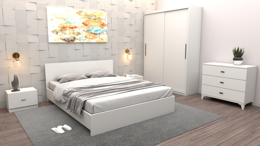 Set mobilier dormitor modern alb compus din pat dublu, noptiere, dulap cu trei usi si comoda cu trei sertare