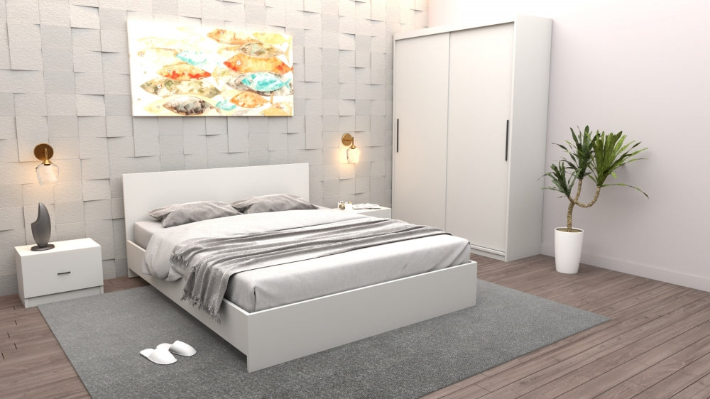 Set mobilier dormitor modern alb cu pat, noptiere si dulap mare in camera eleganta