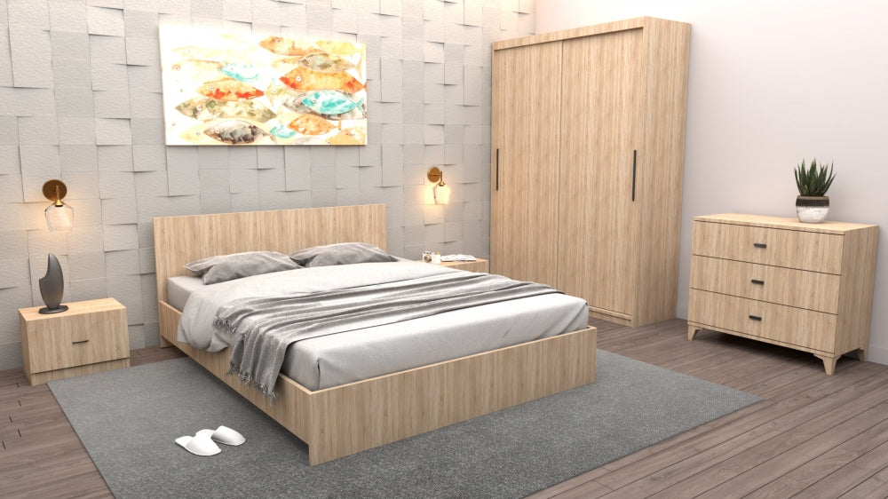 Set mobilier dormitor modern din lemn deschis cu pat, noptiere, dulap si comoda
