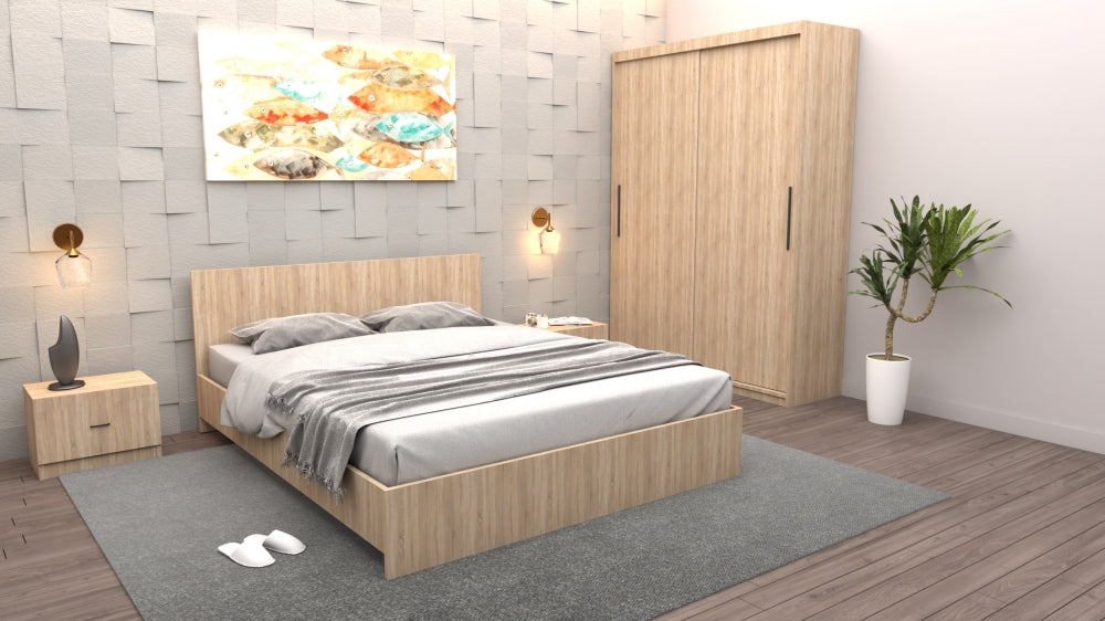 Set mobilier dormitor modern Mobila Domardo cu pat, noptiere si dulap din lemn deschis la culoare