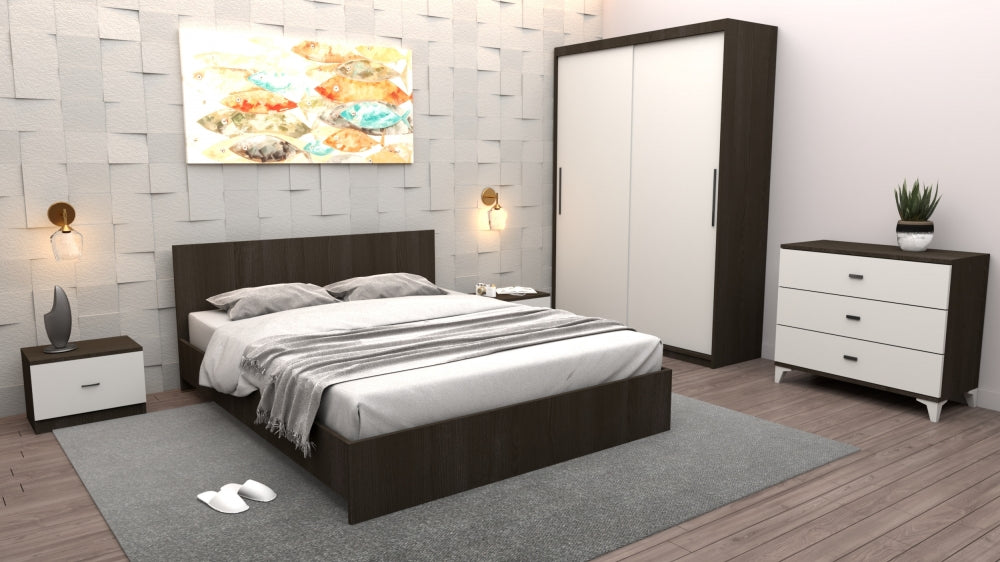Set mobilier dormitor modern Mobila Domardo cu pat dublu, noptiere, dulap si comoda in nuante inchise si albe