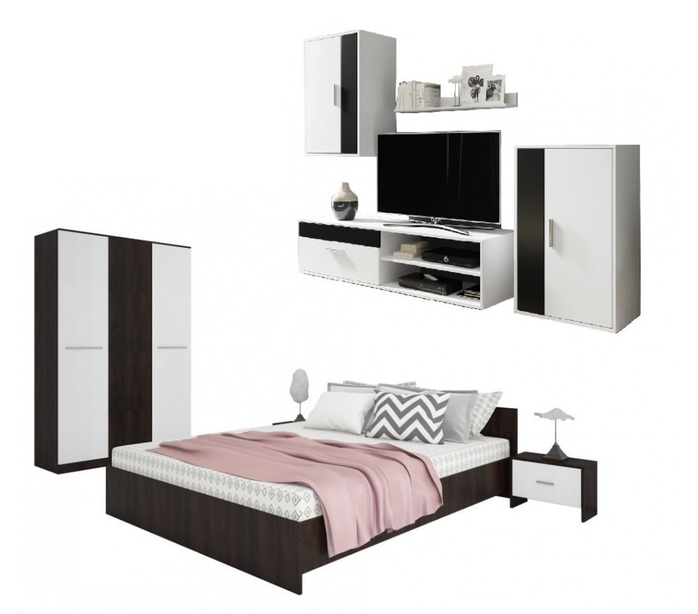 Set mobilier dormitor si living Mobila Domardo cu pat dublu, dulap, noptiere si mobilier TV alb-negru