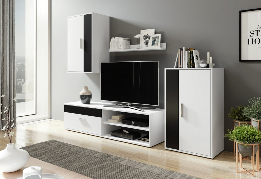 Set mobilier dormitor si living Mobila Domardo alb cu negru cu televizor si rafturi moderne