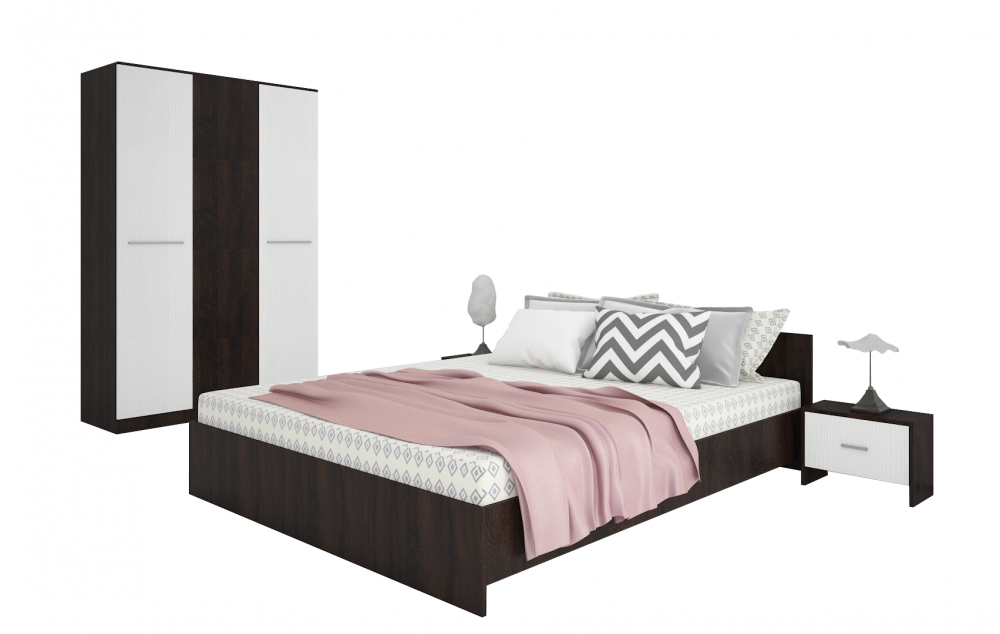 Set mobilier dormitor si living Mobila Domardo cu pat dublu, noptiere si dulap cu usi albe si finisaj maro