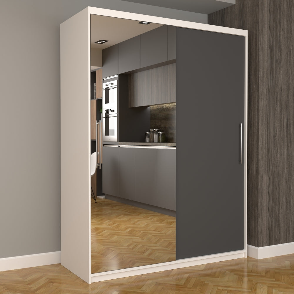 Dulap modern cu uși glisante Mobila Domardo cu oglindă mare și design elegant alb și gri