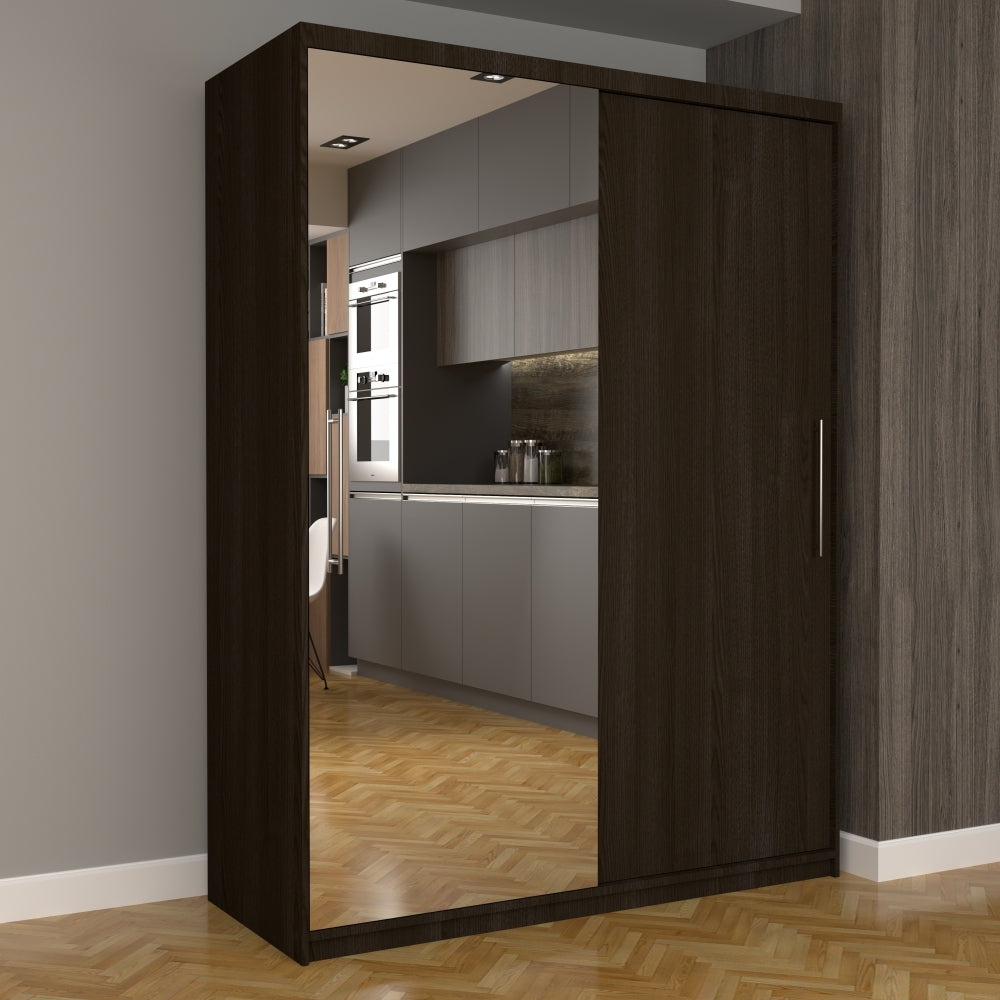 Dulap modern cu uși glisante din lemn închis la culoare și oglindă mare, design elegant Mobila Domardo
