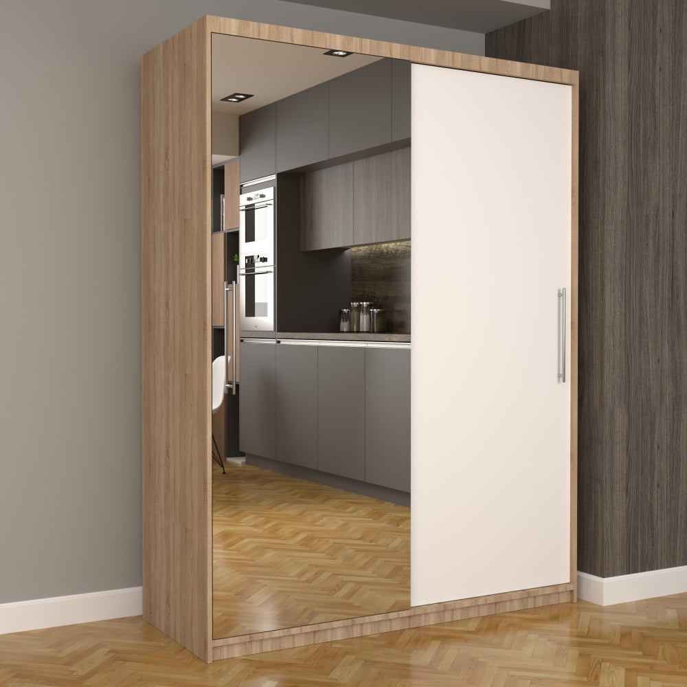 Dulap modern cu uși glisante cu o ușă oglindă și o ușă albă Mobila Domardo într-un interior modern